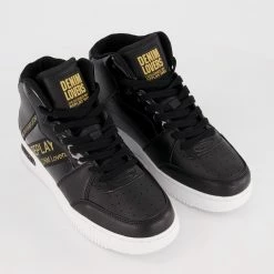 Replay Black Shiny Logo Hi Top Trainers