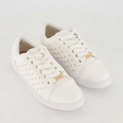 Head Over Heels White Quilted & Studded Trainers