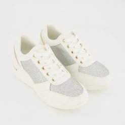 Dune White & Silver Tone Diamante Glitter Trainers